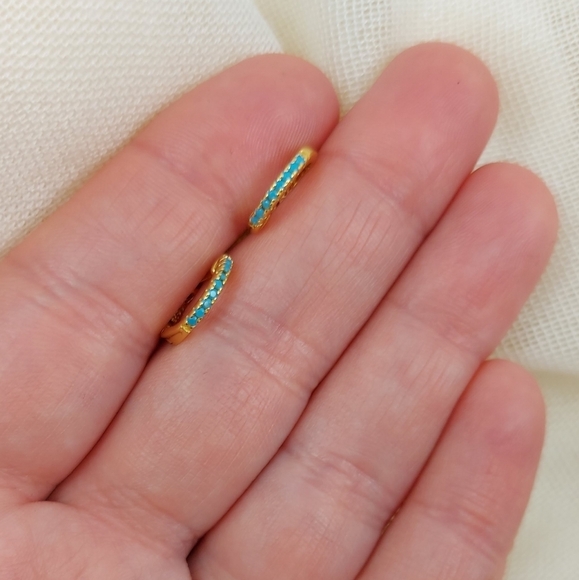 14K Gold Plated Huggie Hoop Blue  Earrings - Picture 7 of 9